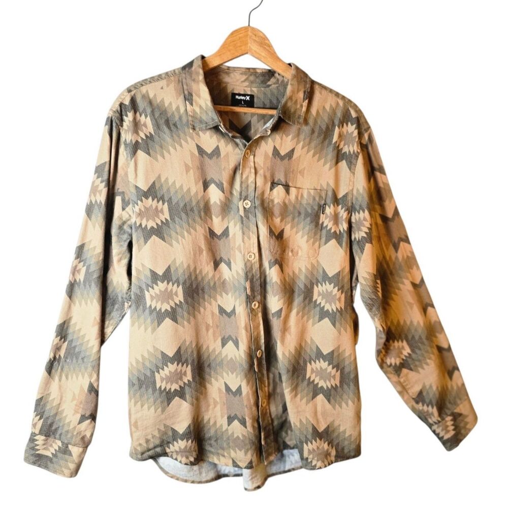 Hurley Southwestern Geometric Button Down Shirt Brown Tan Large Cotton